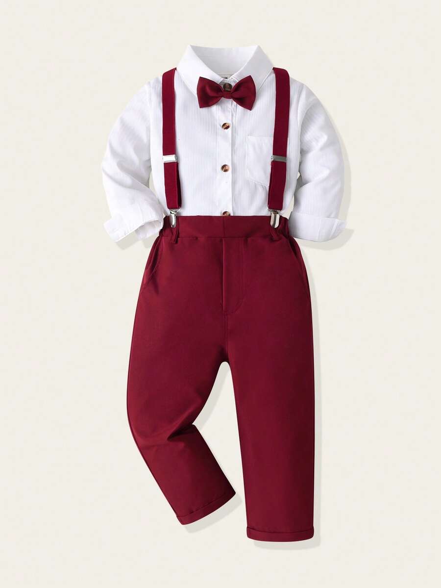 2pcs/Set Toddler Boys' Solid Color Simple Long Sleeve Shirt And Bib Pants - Burgundy - View 1