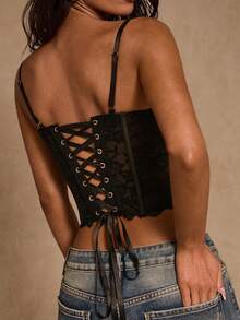 SHEIN Glamour Women's Lace-Trimmed Backless Eyelet Tie-Up Slim Fit Camisole, Suitable For Vacations, Parties, Everyday Wear, Music Festivals, And Other Occasions. Lace Tube Top Tube Top With Bra Black Lace Corset Top Lacey Top Corsets Women Tops