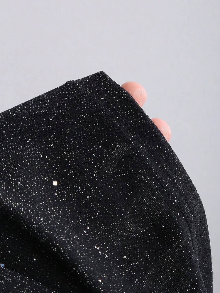 Sweetra Vestido Curto Elegante Feminino com Laço e Glitter na Cintura, Adequado para Festa, Trabalho, Uso Diário, Primavera - Preto - Visão 3