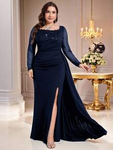 Coutiva Plus Size Women's Contrast Lace Square Collar Long Sleeve Ruffle Heavy Embroidery Navy Blue Elegant Formal Evening Gown,Spring Prom Wedding Dress - Navy Blue - View 7