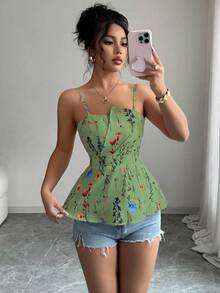 Selianne Floral Print Asymmetrical Hem Camisole Crop Top For Women, Spring/Summer - Green - View 6
