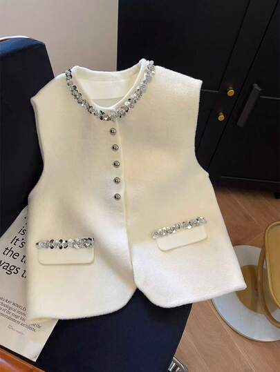 GlowEve 女士圆领单排扣亮片装饰时尚百搭休闲/工作羊毛背心外套