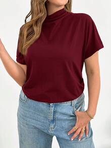 SHEIN Essnce 大码女装春夏时尚休闲宽松舒适日常修身红色短袖上衣，简约风格，适合工作、外出等各种场合。 - 酒紅色 - 查看 6