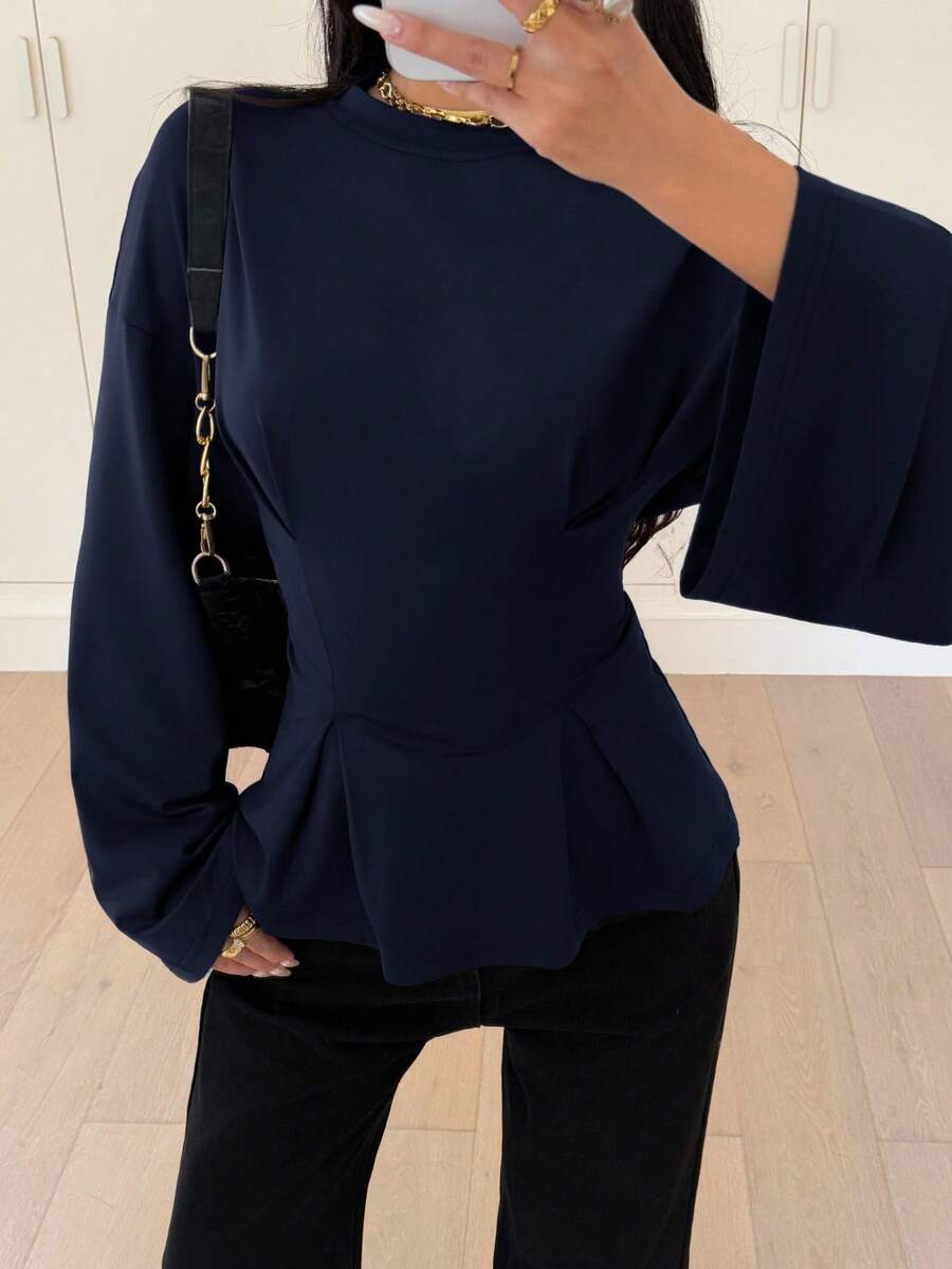 Siren Gaze 女士优雅通勤纯色喇叭袖修身收腰T恤 - 藏蓝色 - 查看 1