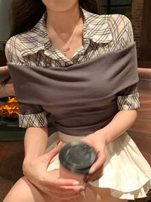 DAZY 女士格子拼接短袖二合一T恤 春夏 - 灰色 - 查看 6