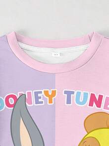LOONEY TUNES X SHEIN Camiseta de manga corta de verano con estampado de conejo y bloques de color casual y linda para niña preadolescente - Blanco - Ver 7