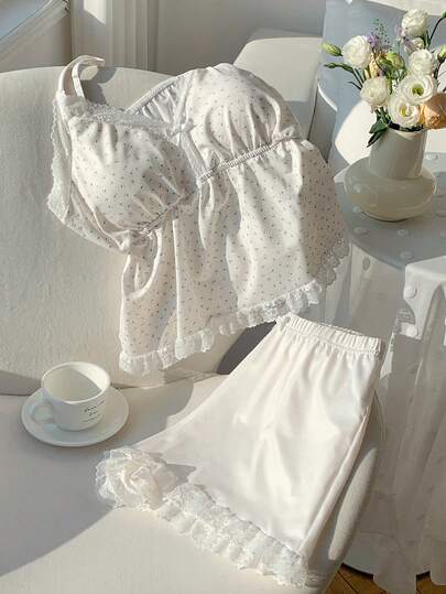 Comfortcana 女士夏季针织吊带背心，带衬垫胸罩和蕾丝边短裤套装