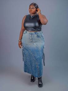 CurvyTilda Plus Size Women's Denim Skirt With Cargo Pockets Long Denim Skirt, For Hourglass Body Shape - Blue - View 10