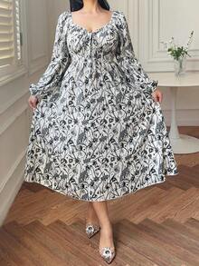 Vibekara Casual Elegant Retro Princess Palace Medieval Lace-Up Bustier Print A-Line Dress For Plus Size Women - Black and White - View 3