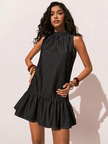 Poéselle New Women's Denim Dress, Casual Washed Denim Sleeveless Ruffle Dress, High-Neck Dress, Mini Dress, Dark Blue Dress. Summer Dresses Summer Outfits  Summer Holiday Outfits Elegant Dresses For Party  Bridesmaid Dress Graduation Dress For Women Ceremony Dress  Elegant Dresses  Summer Vacation Outfits  Formal Dress For Women - Dark Wash - View 3