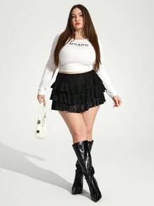 Enliva Abidrinkell Plus Size Solid Color Lace Cake Skirt, Casual And Comfortable For Summer Vacation, For Apple Rounded Body Shape - Black - View 5