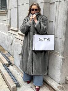 SHEIN EZwear 大码女式黑色仿皮草外套，秋冬季 - 黑色 - 查看 4