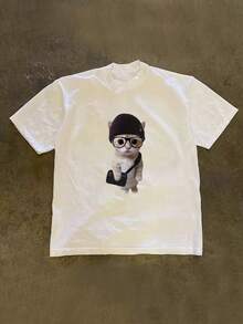Manfinity Dauomo Funny Cat Graphic Round Neck Men's T-Shirt - White - View 3