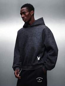 PLAYBOY X SUMWON Men's Oversized Washed Hoodie With Centre Pocket And Drawstring For Fall Winter Casual Streetwear Style - Black - View 1