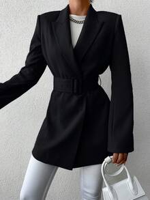 SHEIN Tall 女士纯色腰带优雅长袖西装外套 - 黑色 - 查看 5