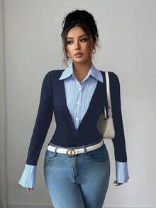 Flirla 女款優雅拼接條紋收腰長袖上衣 - 藏蓝色 - 查看 4