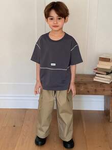DAZY Young Boy Summer Casual Contrast Stitching Short Sleeve T-Shirt Spring - Grey - View 5