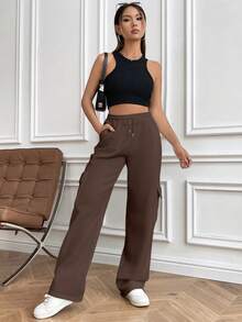 SHEIN PETITE 灰色抽绳腰带斜插口袋侧袋翻盖直筒长款休闲运动裤，时尚简约风格，适合娇小身材女性秋冬季穿着。 - 棕色 - 查看 6