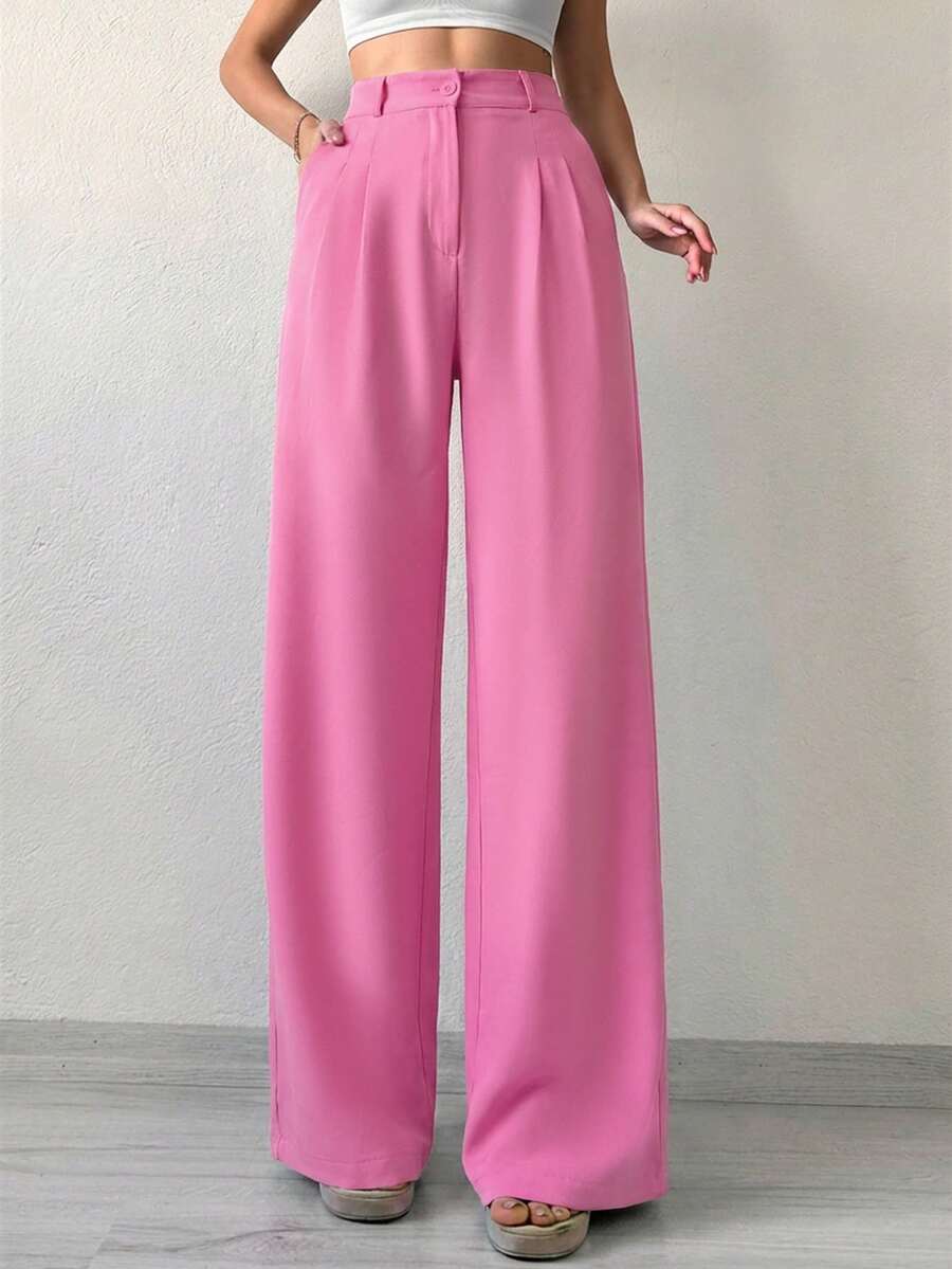 SHEIN Tall 女款純色寬腿西裝長褲,適合高個女性 - 粉色 - 查看 1
