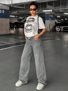 EURMUSE 90'S LOW WAIST BABY BLUE BAGGY LOOSE STRAIGHT LEG JEAN - Grey - View 1