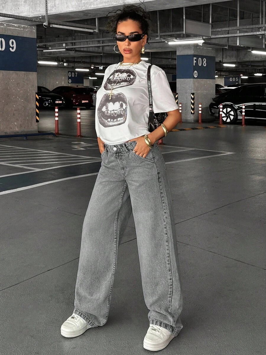 EURMUSE 90'S LOW WAIST BABY BLUE BAGGY LOOSE STRAIGHT LEG JEAN - Grey - View 1