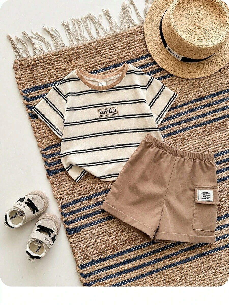 2-Pack Babyboy Summer Cute Striped Cartoon Bear Pattern Short-Sleeve T-Shirt Set With Elastic Waist And Khaki Shorts Casual Daily Wear Summer Boy Striped Short Sleeve Shirt Toddler Boy Shorts Toddler Summer Set Baby Boy Summer Outfit - Khaki - View 1
