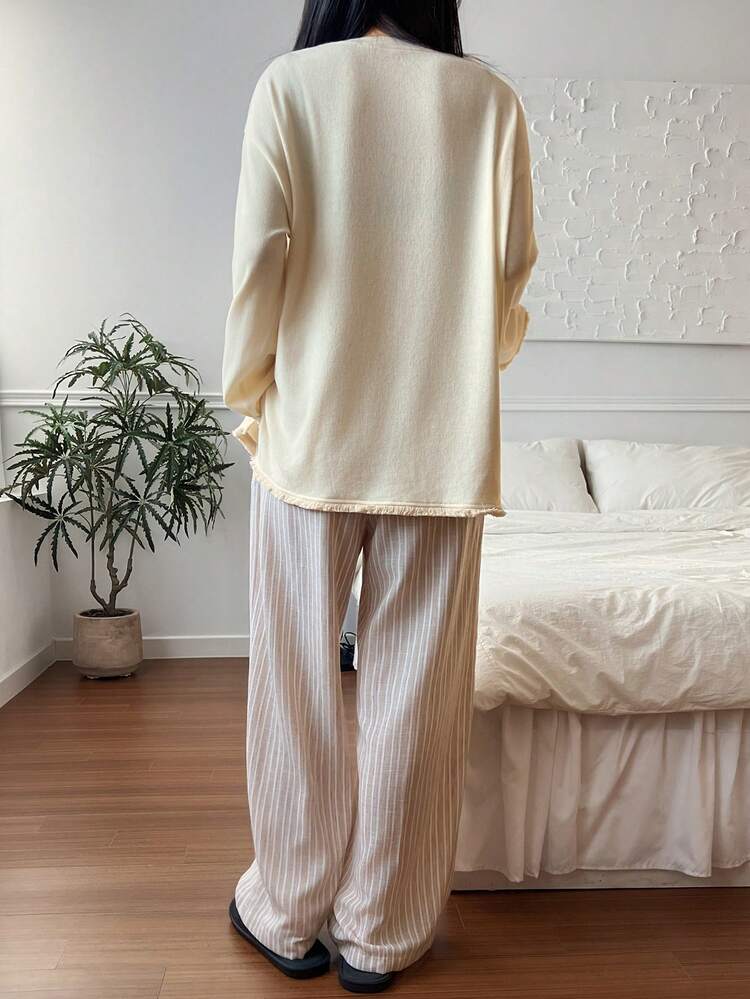 Women's Simple Solid Color Knit Fringe Trim Loose Top And Striped Pajama Pants Sleepwear Set