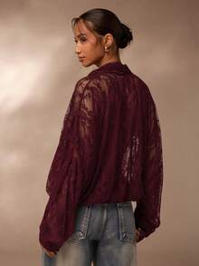 SHEIN Glamour Transparent spetsblus, brun spetsskjorta för kvinnor - Bourgogne - Visa 2