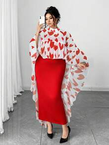 Elenzga 情人节加大码V领雪纺印花荷叶边披肩上衣+针织吊带连衣裙两件套，优雅派对装扮 - 紅色 - 查看 5