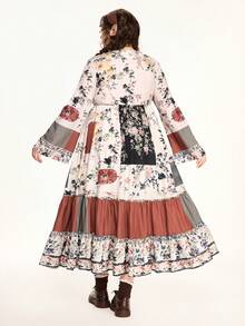 ROMWE Fairycore 田园风拼接设计复古印花棕色调大码连衣裙，秋冬长款复古优雅拼接女式长裙 - 彩色 - 查看 6