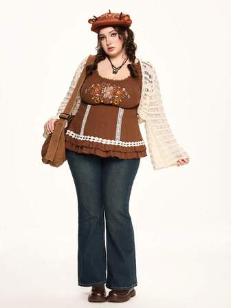 Top da donna con maniche a petalo, stile Fairycore, con ricamo di cervi e motivi floreali, in stile Cottagecore, con pizzo, taglie comode. Camicia da donna a maniche corte in stile Cottagecore vintage, taglie comode. Blusa da donna con maniche a petalo, stile Cottagecore, taglie comode.