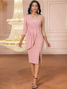 SHEIN Lady 女士优雅派对串珠装饰开衩连衣裙 - 粉色 - 查看 7