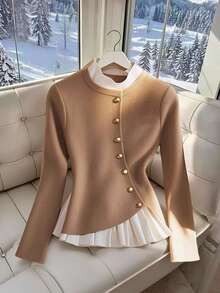 SHEIN Frenchy Áo thun nữ tay dài cổ cao cài nút, áo cài nút kim loại, áo xếp ly, áo màu nâu cho nữ, áo tay dài màu nâu, áo màu nâu cà phê, áo kiểu màu nâu, áo chui đầu màu nâu, áo nữ thanh lịch, mùa thu, áo thun giữ nhiệt, áo phối màu, áo kiểu thường ngày cho nữ, phong cách Pháp thanh lịch, cổ điển, tối giản, phù hợp mặc hàng ngày, áo kiểu nữ thanh lịch, mùa đông cho nữ, thường ngày cho nữ, bữa sáng cho nữ, phù hợp cho thường ngày và kỳ nghỉ, xuân/thu, phong cách Pháp, phụ nữ Paris, phong cách châu Âu, kỳ nghỉ châu Âu, thu/đông, phù hợp cho mọi mùa, mùa đông cho nữ, năm mới, phụ nữ năm mới, phong cách Pháp thường ngày, cổ điển, tối giản, phù hợp mặc hàng ngày, phong cách Pháp, phong cách châu Âu - Màu Khaki - Xem 3