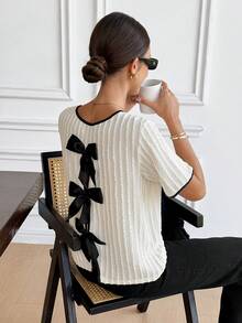 Serisse Women's Contrast Color Bow Decor Round Neck Short Sleeve T-Shirt,Women's Summer Short-Sleeved Top With A Bow Detail On The Back,Color-Blocked Trim T-Shirt,Apricot Loose Fit Short-Sleeved T-Shirt,Vertical Striped Crepe Textured Stretch Fabric,Elegant French-Style Versatile Top.Summer Outfit Women,Beach Outfits For Women,Going Out Top,Vacation Outfits Women,Summer Holiday Outfits,Holiday Outfits For Women Casual Resort - Blue and White - View 7