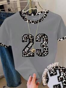 Resyla Women's Round Neck Rhinestone Leopard Print Digit Pattern Casual Versatile Vacation Short Sleeve T-Shirt - Grey - View 1