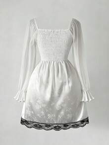 Sunspun Mùa xuân, hè, thu, đầm midi thanh lịch, ngọt ngào, dễ thương làm từ vải chiffon jacquard ghép mảnh, xếp ly ở phần ngực, tay phồng và có dây buộc ren ở eo. - trắng - Xem 4