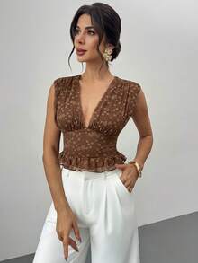 Firerie Women's Elegant Romantic Date Night Brown Lace V-Neck Sleeveless Ruffle Hem Fitted Blouse, Spring/Summer New Ladies Top, Afternoon Tea, Vacation, Graceful Top - Coffee Brown - View 4