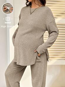 2pcs Maternity Casual Solid Color Side Slit Top And Pants Set, Autumn 3 Day Delivery Pregnancy - Khaki - View 3