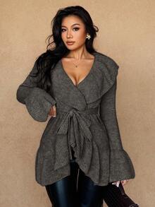 Islaluna Women's Solid Color Ruffle Cuff Asymmetrical Hem Waist Tie Design Fashionable Versatile French Style Vacation Long Sleeve Cardigan - Coffee Brown - View 4