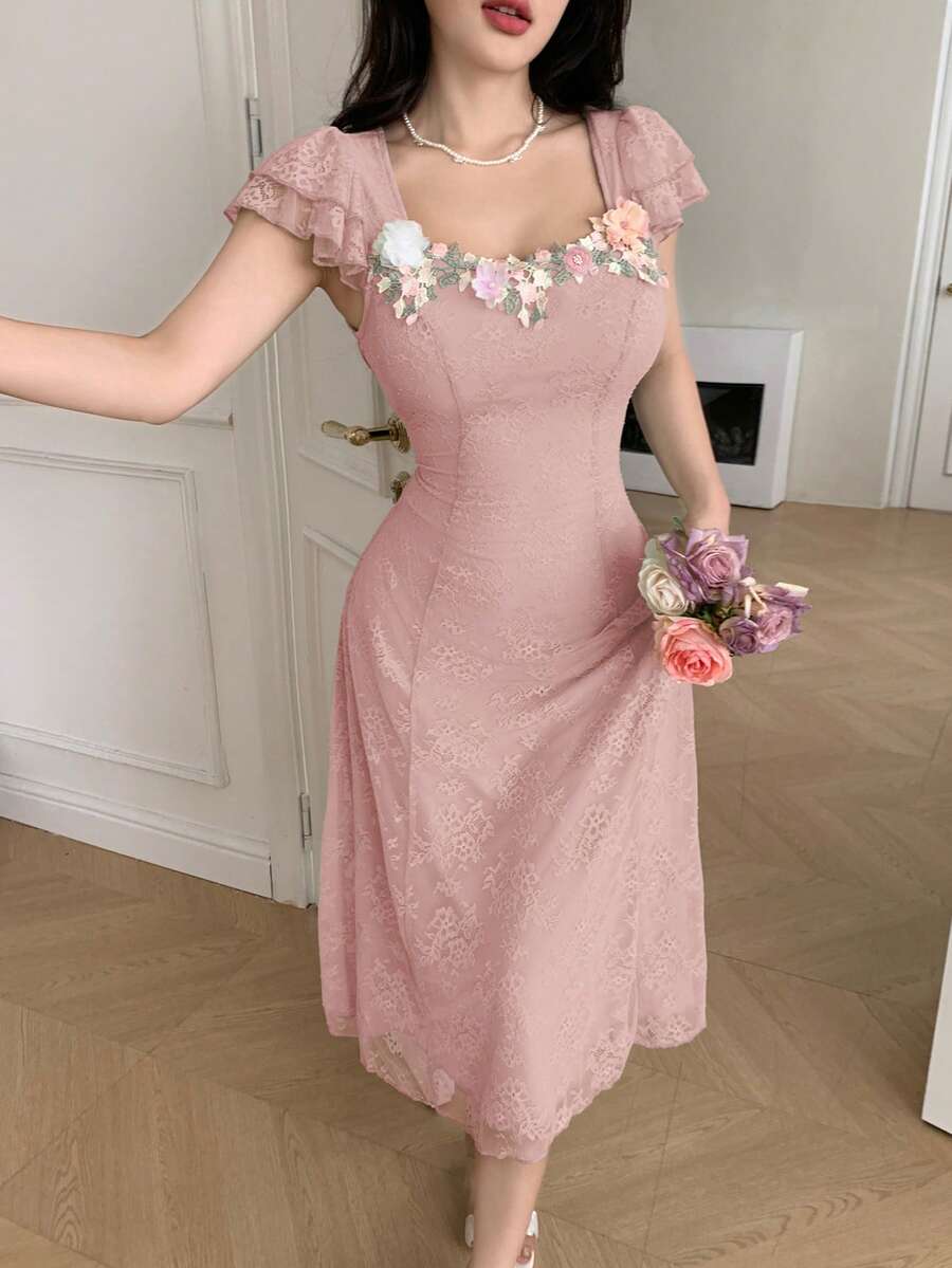 Modelyn 女士蕾丝拼接花卉饰边装饰无袖夏季连衣裙 - 粉色 - 查看 1