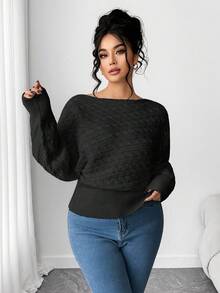 Elenzga Plus Size Batwing Sleeve Drawstring Asymmetrical Knit Sweater, Thick White Pullover Top For Winter Women Sweaters Black Sweater Sweater Top - Black - View 4