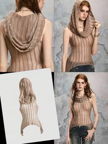 ROMWE Fairycore Women's Solid Color Asymmetric Hem Distressed Hooded Sleeveless Knit Top - Khaki - View 8