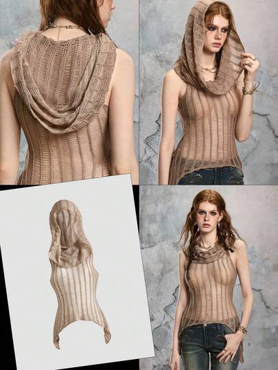 Fairycore Women's Solid Color Asymmetric Hem Distressed Hooded Sleeveless Knit Top