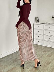 Modelyn Women's Extra Long Knit Patchwork Elegant Curve-Hugging Bodycon Dress Burgundy Outfit Women Maroon Outfits For Women Two Piece Women Sets Skirt Modest Two Piece Set Long Sleeve Elegant Dress