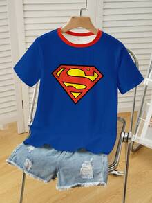 SUPERMAN X SHEIN Tween Boy Casual Letter Graphic Round Neck Short Sleeve T-Shirt, Summer - White - View 1
