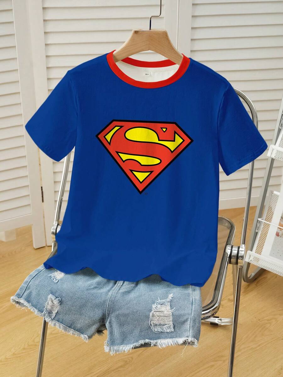 SUPERMAN X SHEIN Tween Boy Casual Letter Graphic Round Neck Short Sleeve T-Shirt, Summer - White - View 1
