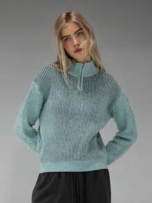 COUREZ Long Sleeve Color Block Rib Knit Jumper Y2K Spring For Women Sweater - Green - View 4