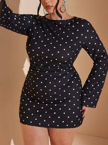 SHEIN BAE 大码女式波点喇叭袖连衣裙，情人节连衣裙 - 黑色 - 查看 3
