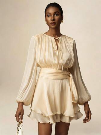 Vesra Women's Apricot Color Tie-Up Loose Long Sleeve Ruffle Hem Elegant Mini Dress Fall Cloth For Women