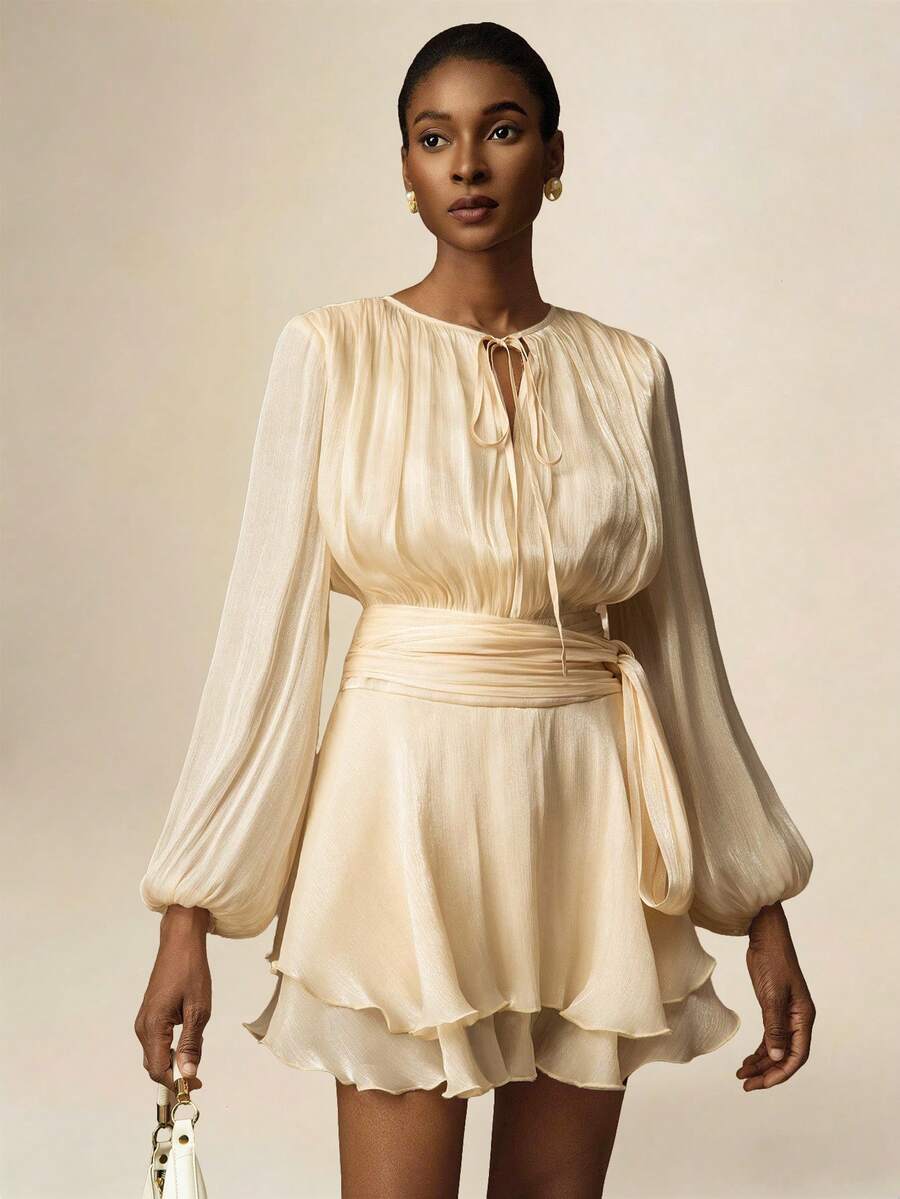 Vesra Abito elegante mini da donna con maniche lunghe, vita annodata e balze sul fondo, colore albicocca - Albicocca - Visualizzare 1